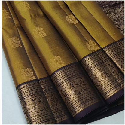 Tvisha Olive Mustard Dark Plum Pure Handloom Double Warp Soft Silk Saree