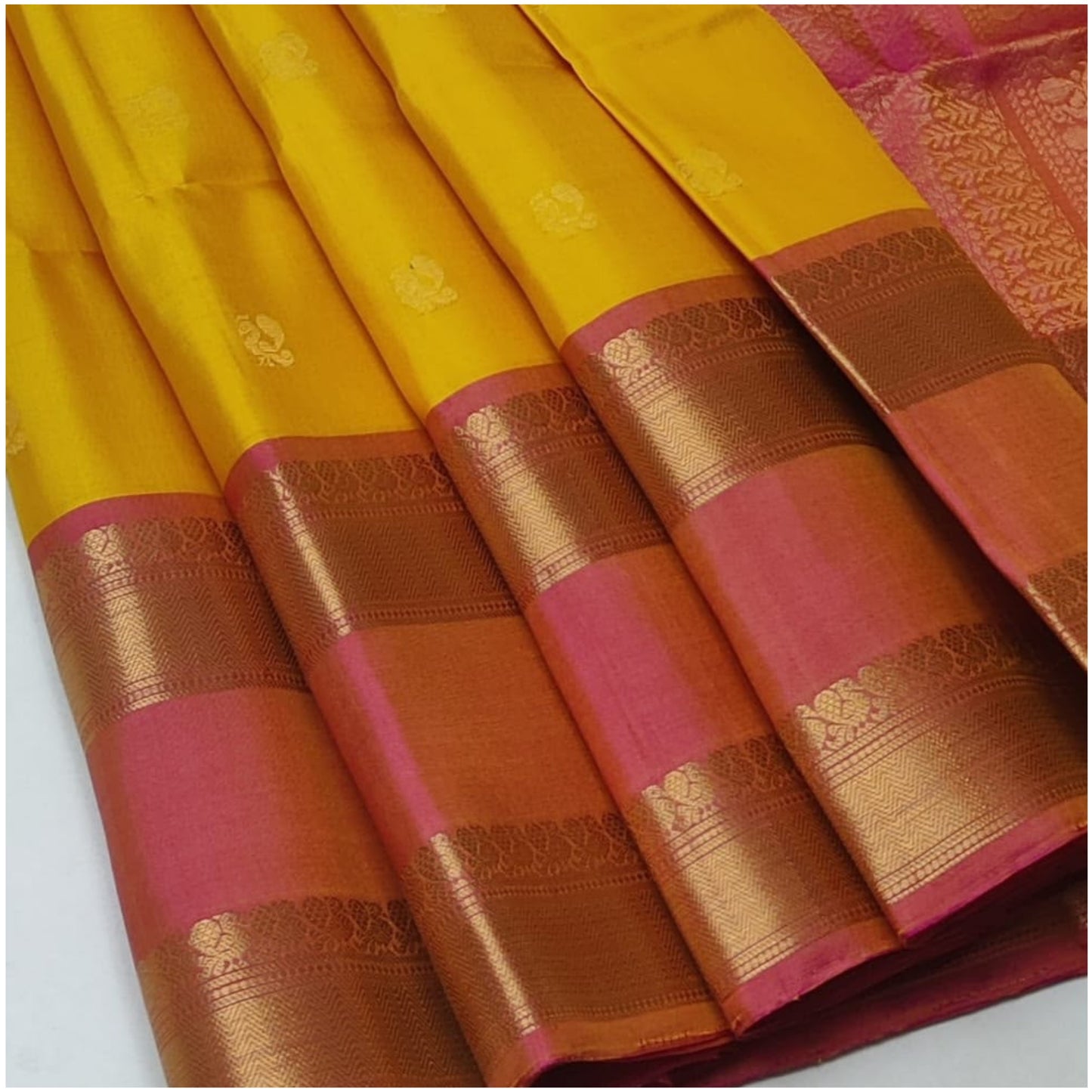 Mandakini Yellow Pink Pure Handloom Double Warp Soft Silk Saree