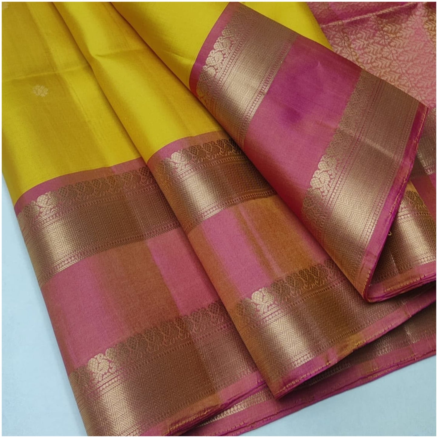 Mandakini Yellow Pink Pure Handloom Double Warp Soft Silk Saree