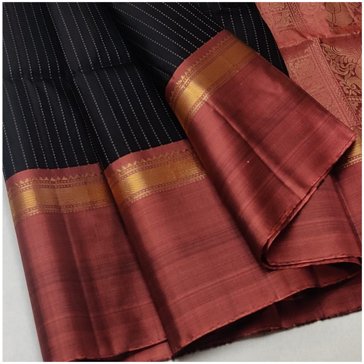 Kothari Black Rusty Orange Pure Handloom Soft Silk Saree