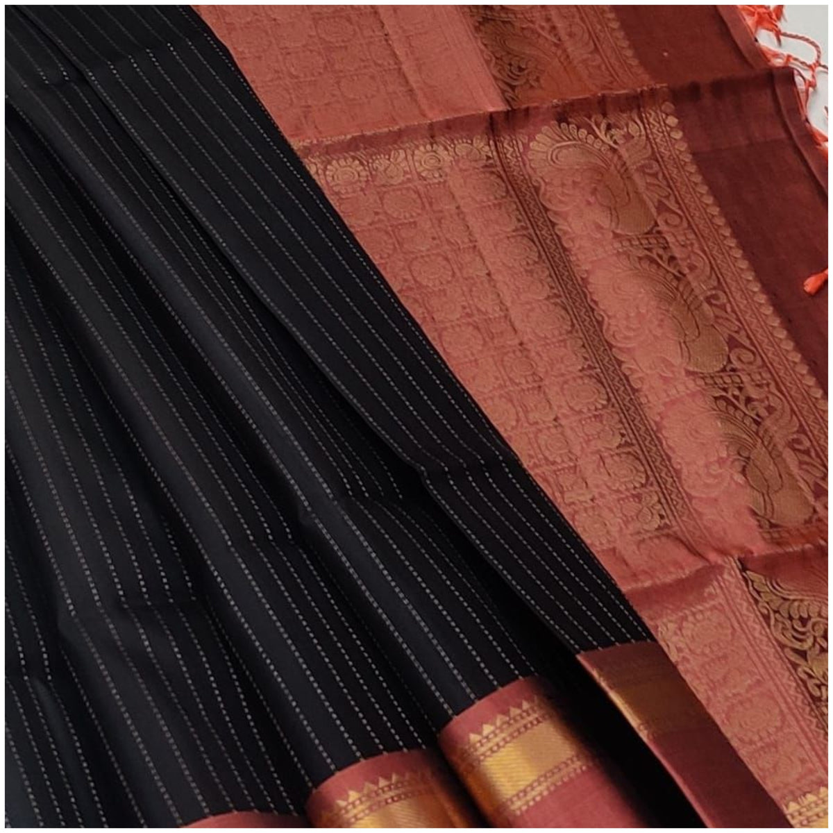 Kothari Black Rusty Orange Pure Handloom Soft Silk Saree