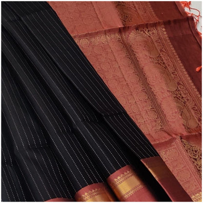 Kothari Black Rusty Orange Pure Handloom Soft Silk Saree