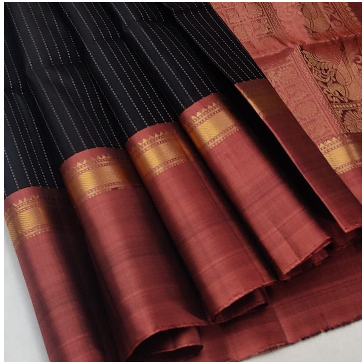 Kothari Black Rusty Orange Pure Handloom Soft Silk Saree