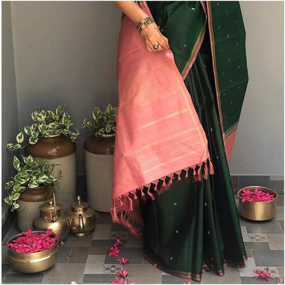 Ganga Green Blush Pink Pure Handloom Double Warp Soft Silk Saree