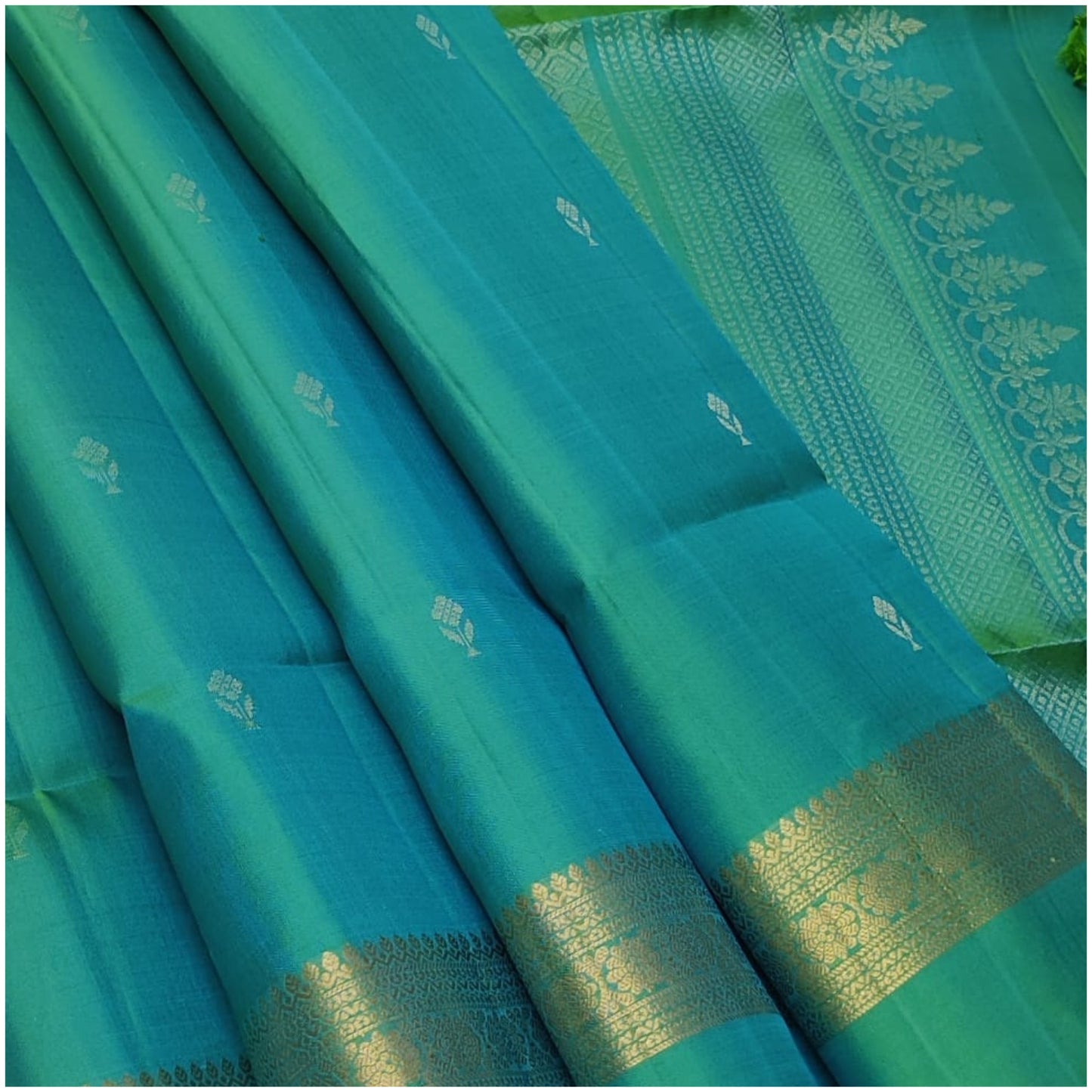 Indus Teal Pure Handloom Double Warp Soft Silk Saree