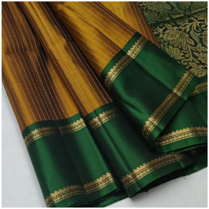 Mej Mustard Emerald Green Pure Handloom Soft Silk Saree