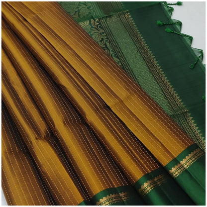 Mej Mustard Emerald Green Pure Handloom Soft Silk Saree