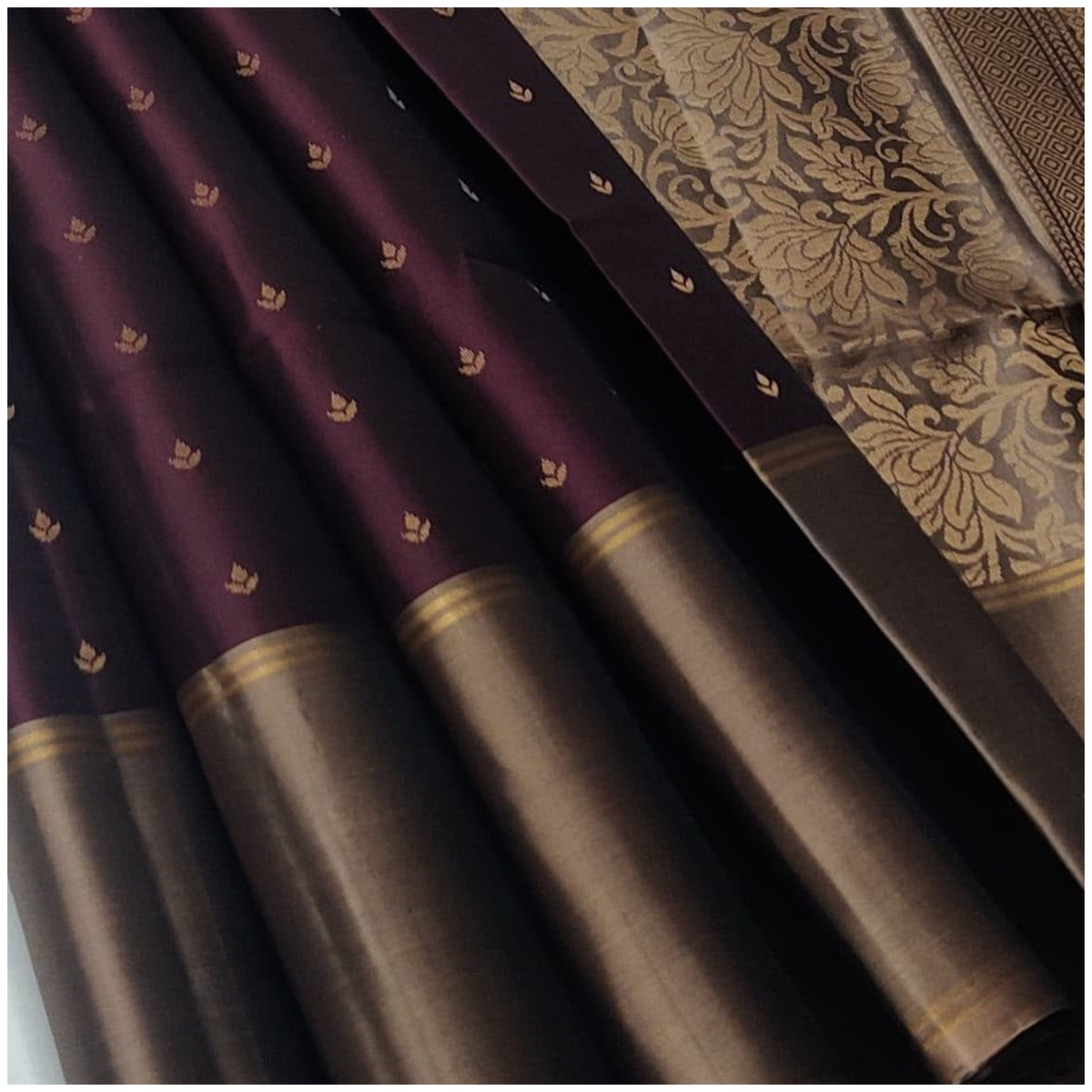 Alnia Dark Wine Grey Coffee Pure Handloom Soft Silk Saree
