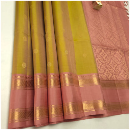 Baitarani Warm Green Pastel Pink Pure Handloom Double Warp Soft Silk Saree