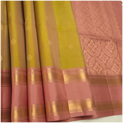 Baitarani Warm Green Pastel Pink Pure Handloom Double Warp Soft Silk Saree