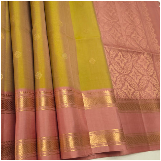 Baitarani Warm Green Pastel Pink Pure Handloom Double Warp Soft Silk Saree