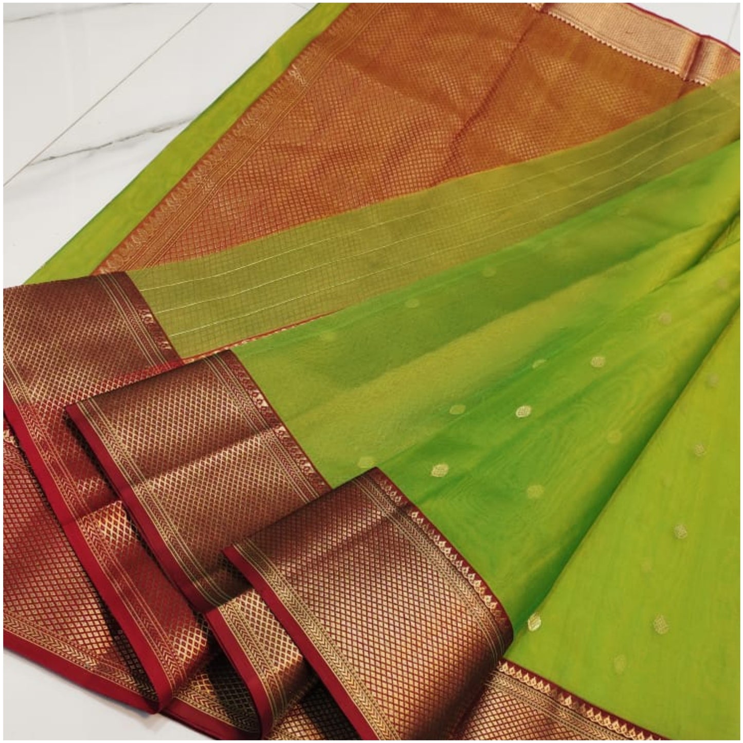 Green Red Butti Pure Handloom Katan Chanderi Silk Saree