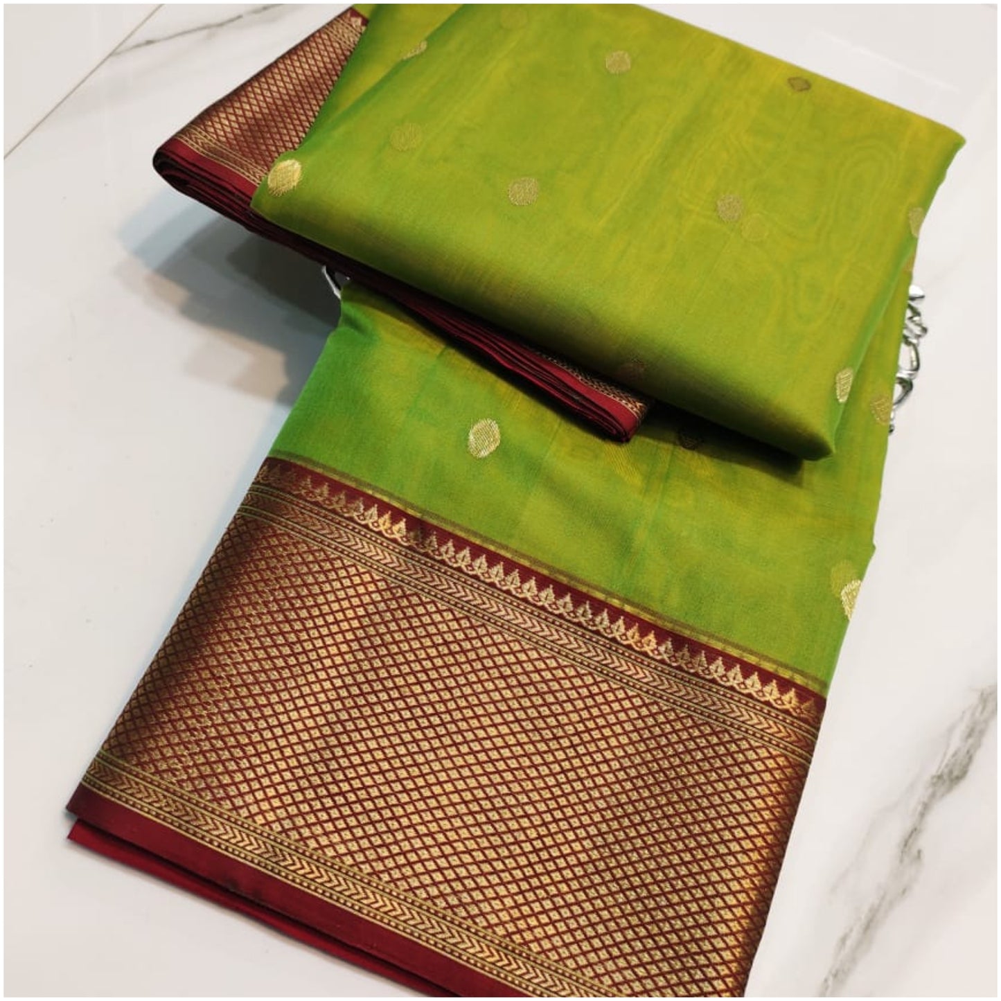 Green Red Butti Pure Handloom Katan Chanderi Silk Saree