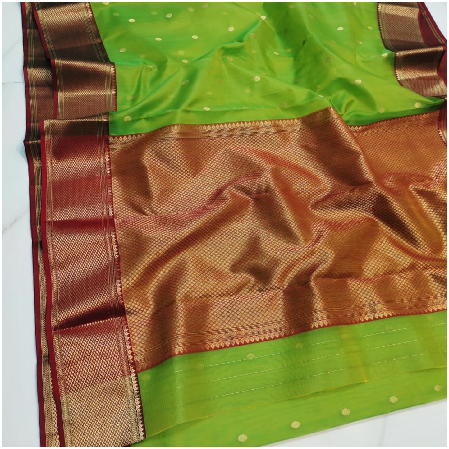 Green Red Butti Pure Handloom Katan Chanderi Silk Saree