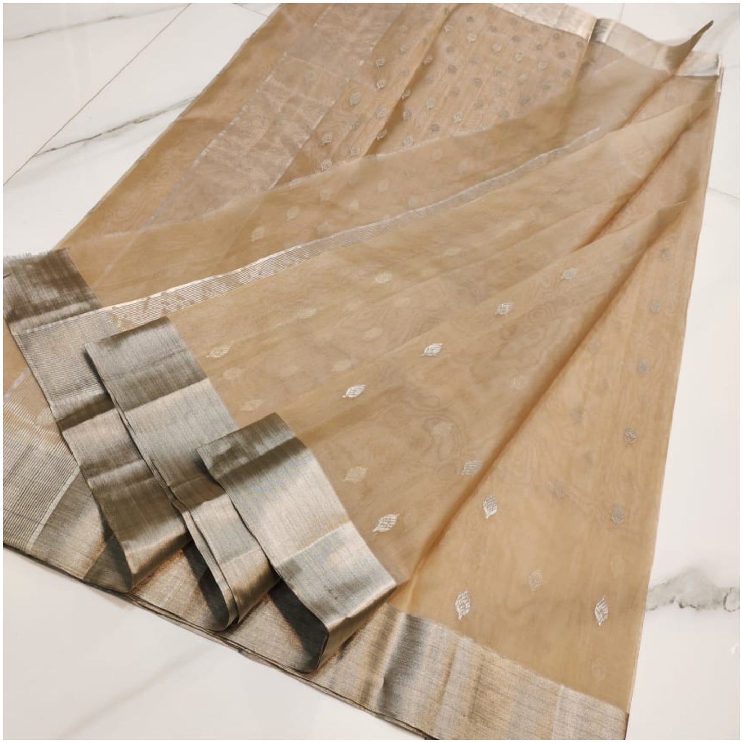 Beige Butti Pure Handloom Katan Chanderi Silk Saree