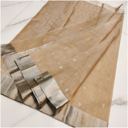 Beige Butti Pure Handloom Katan Chanderi Silk Saree