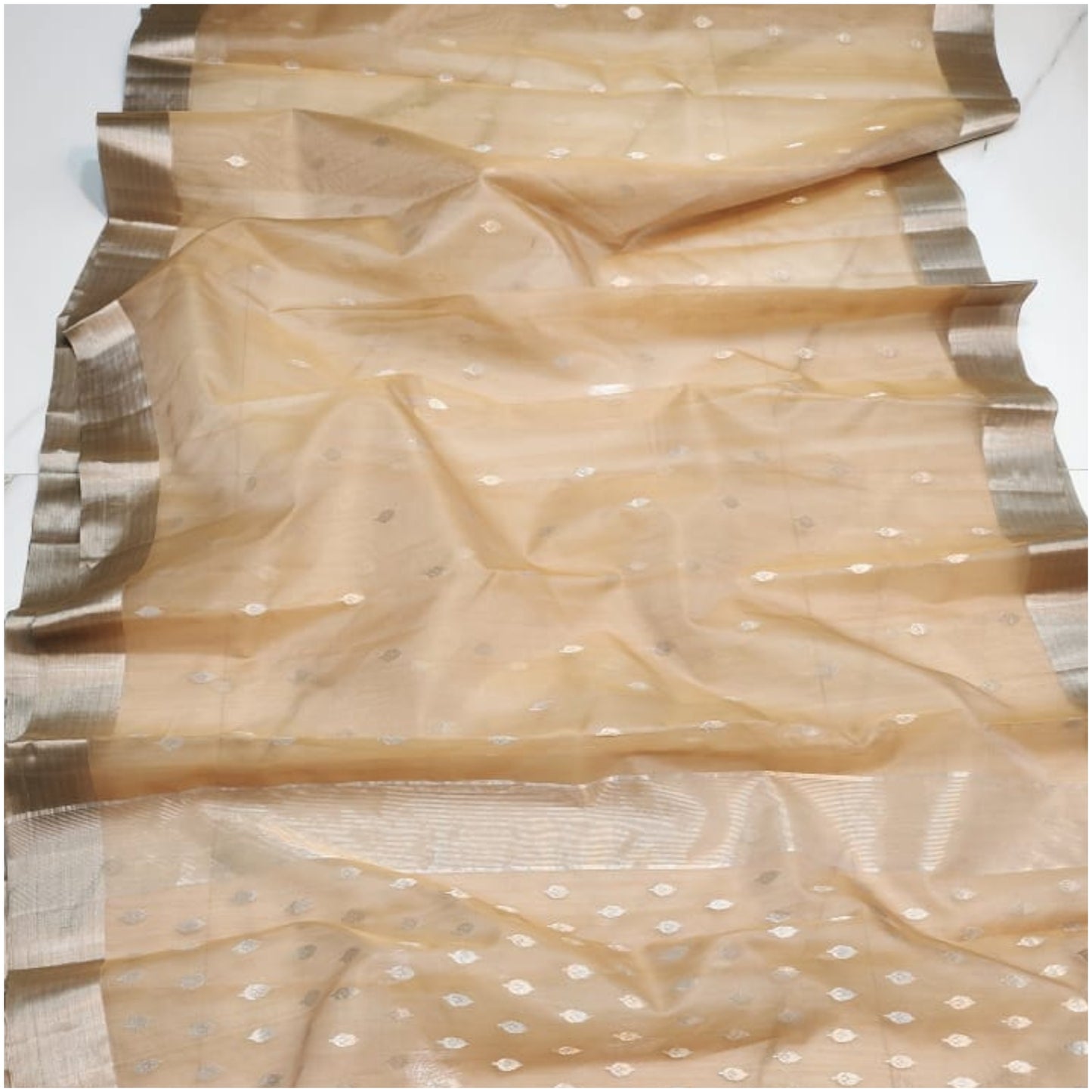 Beige Butti Pure Handloom Katan Chanderi Silk Saree