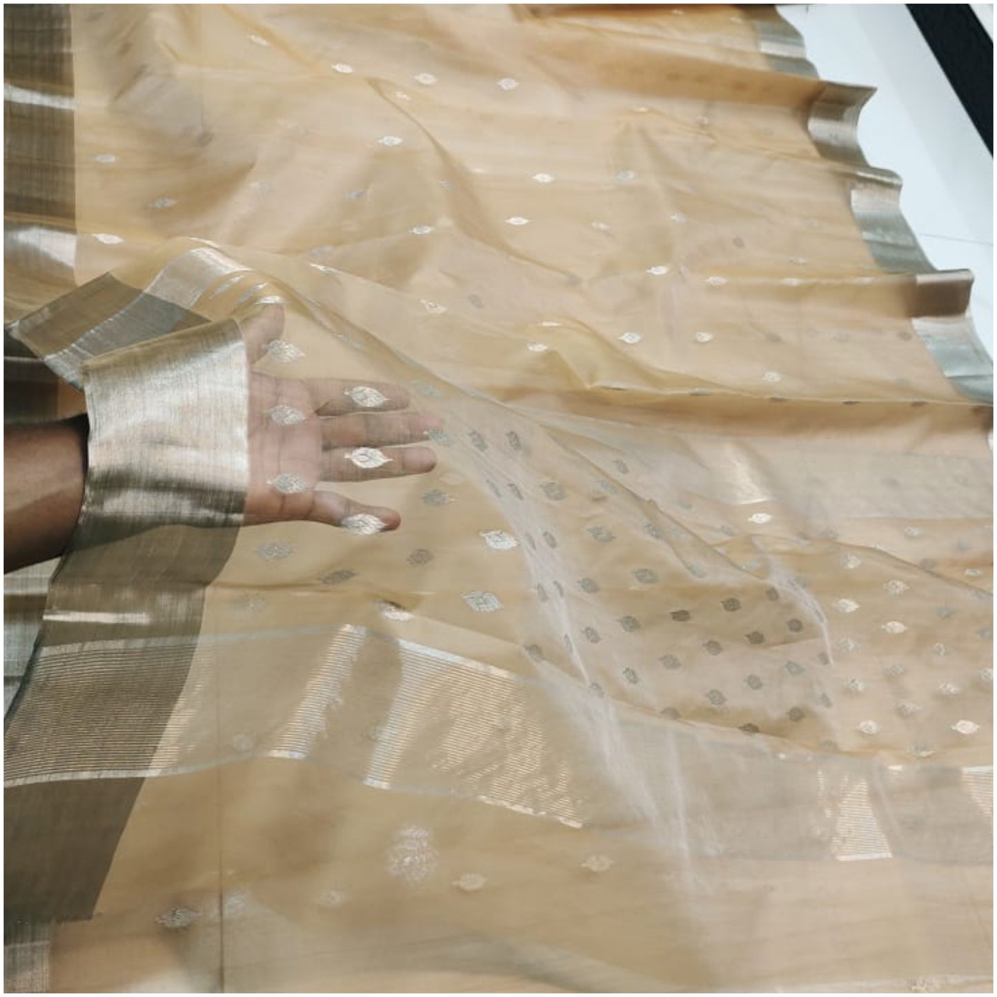Beige Butti Pure Handloom Katan Chanderi Silk Saree