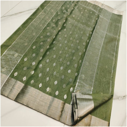 Emerald Green Butti Pure Handloom Katan Chanderi Silk Saree