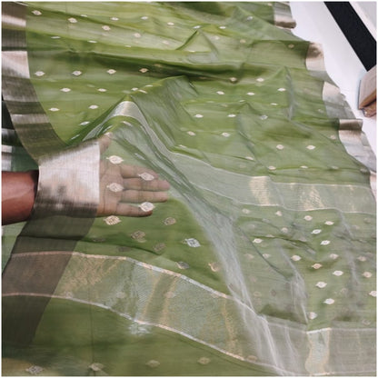 Emerald Green Butti Pure Handloom Katan Chanderi Silk Saree