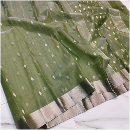 Emerald Green Butti Pure Handloom Katan Chanderi Silk Saree