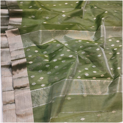 Emerald Green Butti Pure Handloom Katan Chanderi Silk Saree