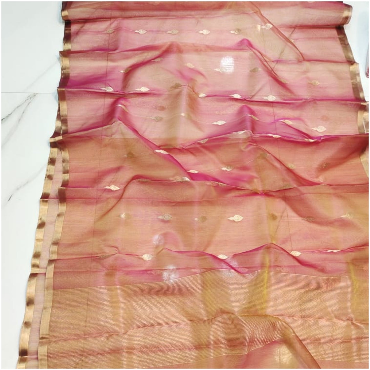 Pink Gold Butti Pure Handloom Katan Chanderi Silk Saree