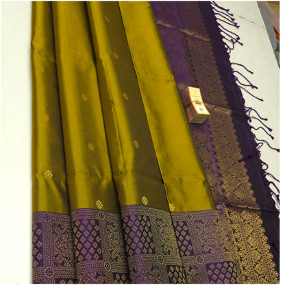 Muted Green Violet Pure Handloom Double Warp Soft Silk Saree