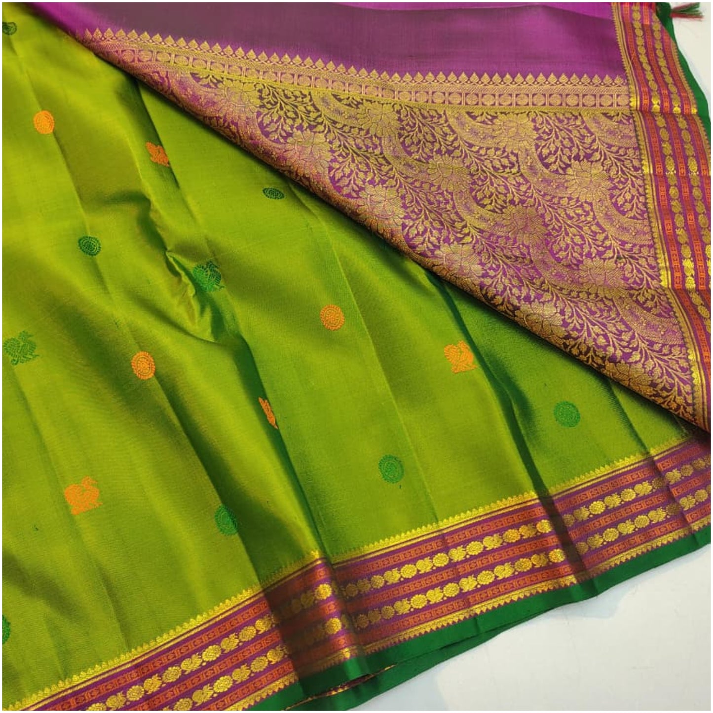 Phalgu Bright Green Pink Kanjivaram Pure Handloom Silk Saree | 1Gm Gold | ANITYA Vadhu