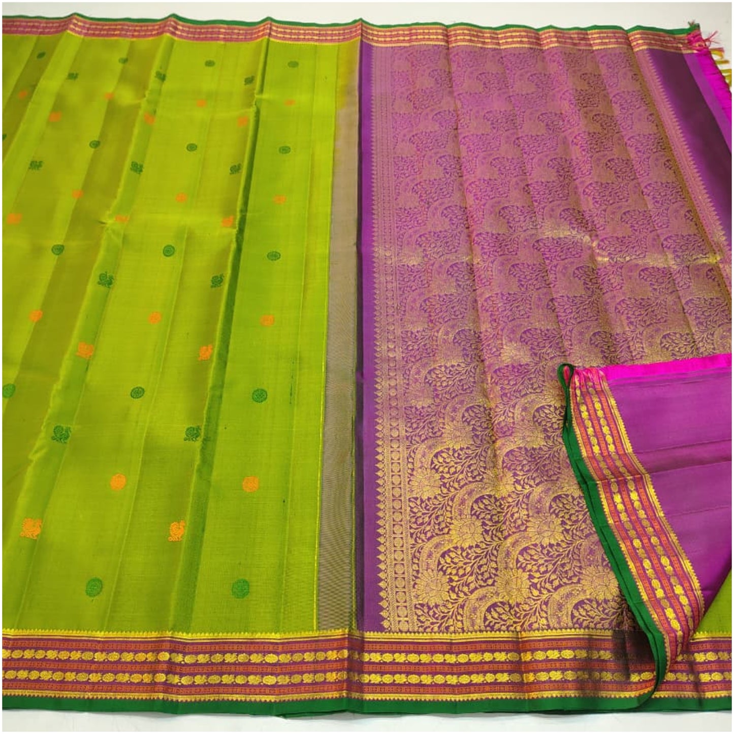 Phalgu Bright Green Pink Kanjivaram Pure Handloom Silk Saree | 1Gm Gold | ANITYA Vadhu