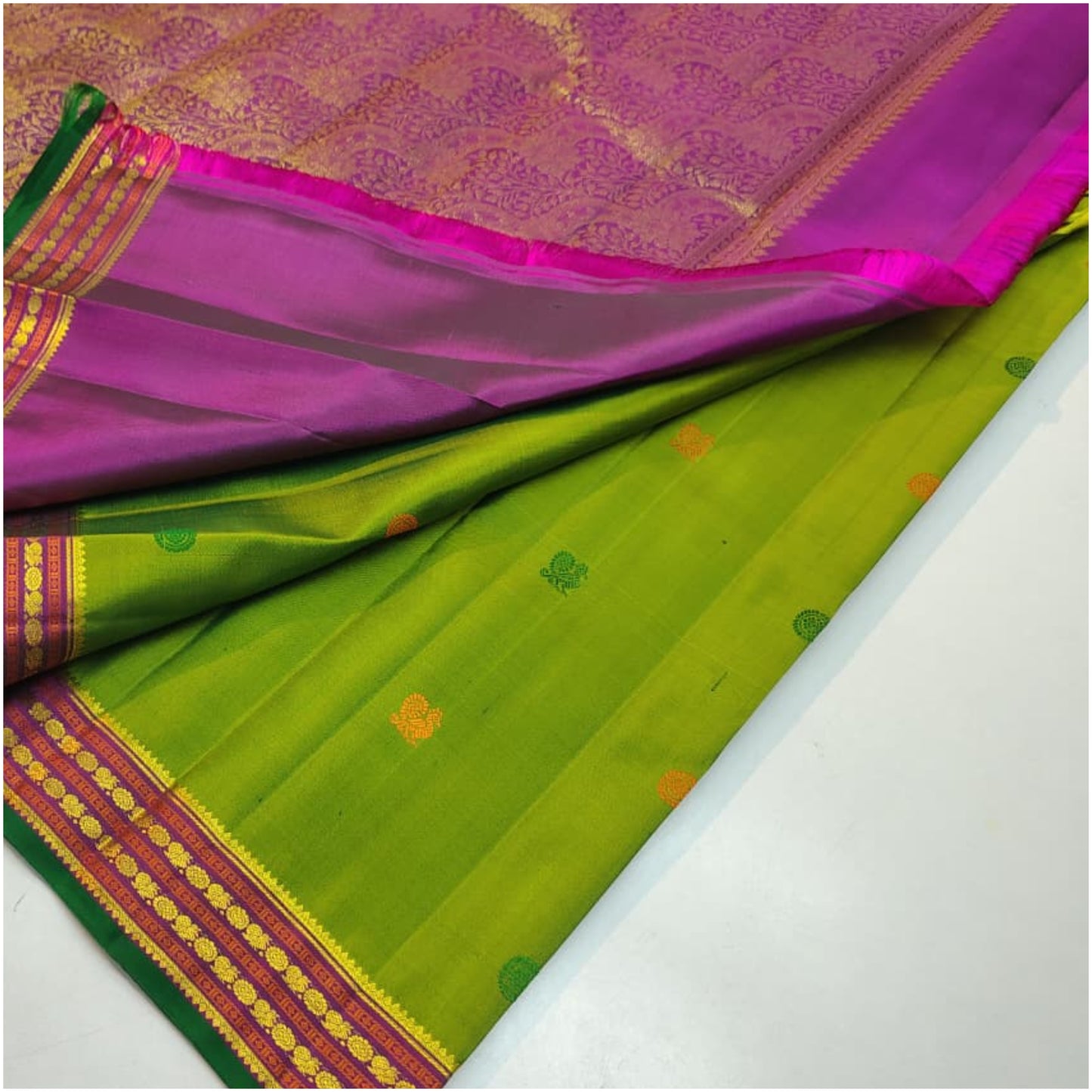 Phalgu Bright Green Pink Kanjivaram Pure Handloom Silk Saree | 1Gm Gold | ANITYA Vadhu