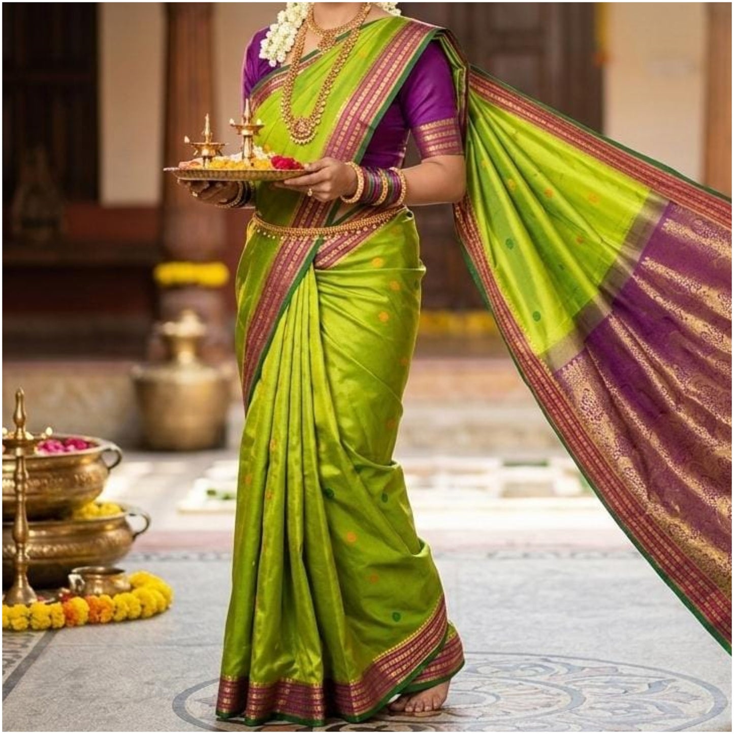 Phalgu Bright Green Pink Kanjivaram Pure Handloom Silk Saree | 1Gm Gold | ANITYA Vadhu