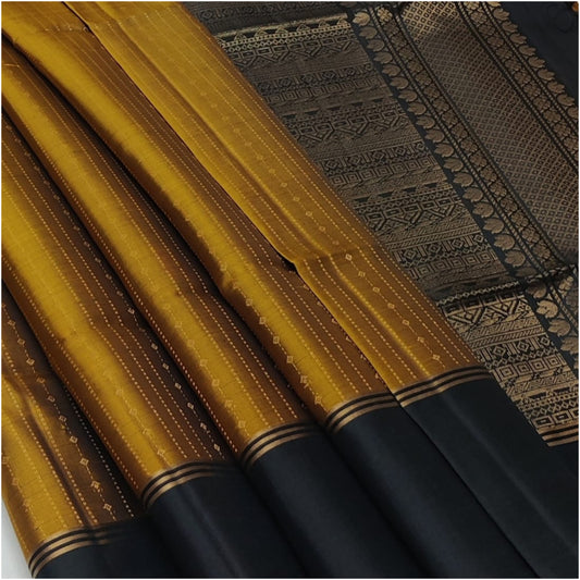 Mustard Black Pure Handloom Double Warp Soft Silk Saree