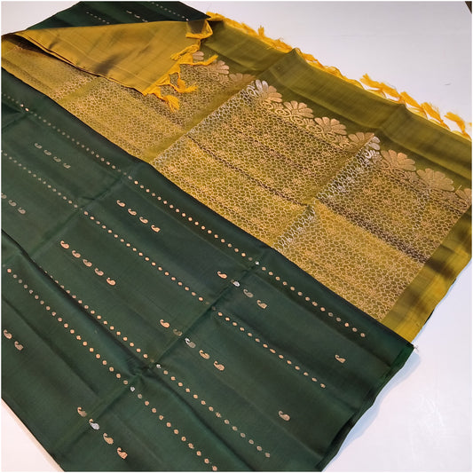 Dark Green Mustard Pure Handloom Soft Silk Saree