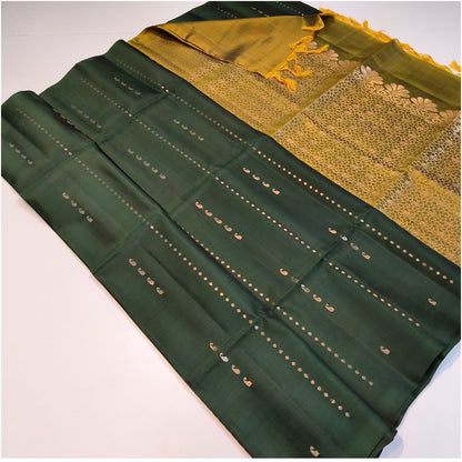 Dark Green Mustard Pure Handloom Soft Silk Saree