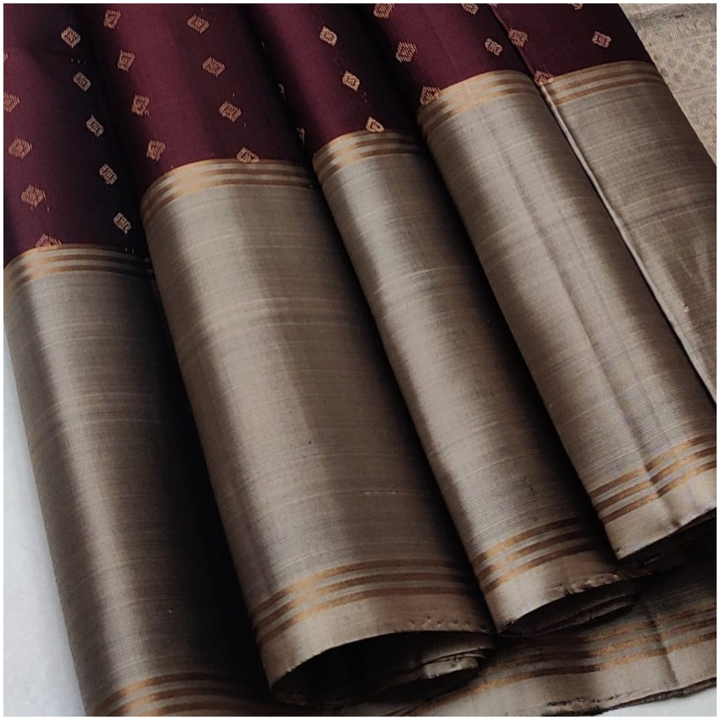 Kalindi Deep Maroon Grey Pure Handloom Double Warp Soft Silk Saree