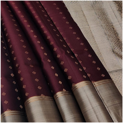 Kalindi Deep Maroon Grey Pure Handloom Double Warp Soft Silk Saree