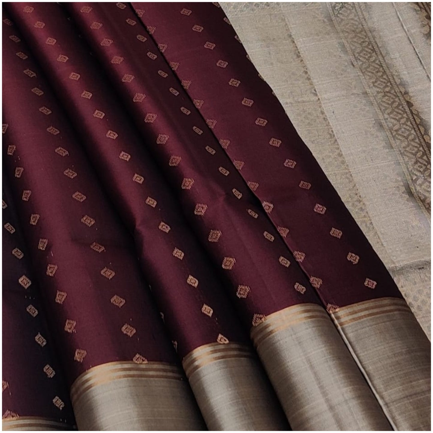 Kalindi Deep Maroon Grey Pure Handloom Double Warp Soft Silk Saree
