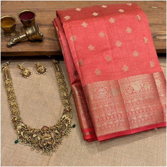 Peach Pink Raw Mix Tussar Saree