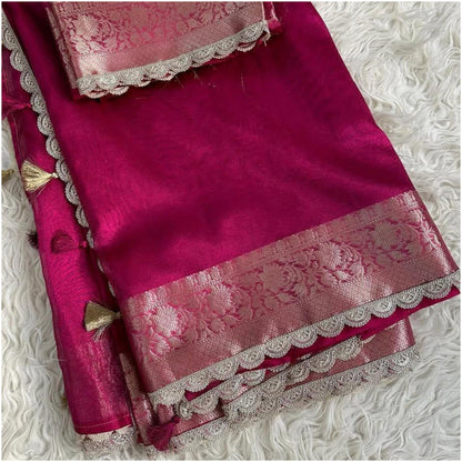 Rani Pink Banarasi Tissue Katan Silk Saree