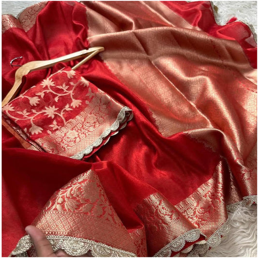 Bright Red Banarasi Tissue Katan Silk Saree