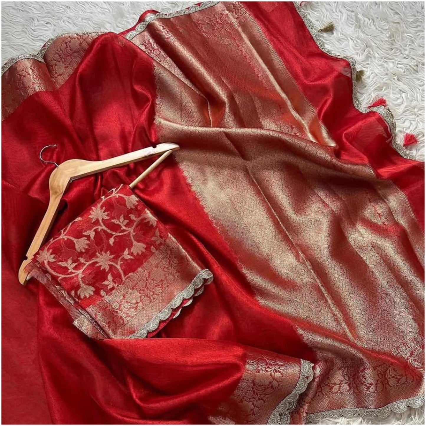 Bright Red Banarasi Tissue Katan Silk Saree