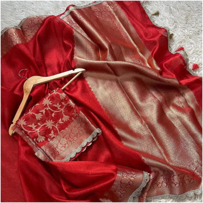 Bright Red Banarasi Tissue Katan Silk Saree