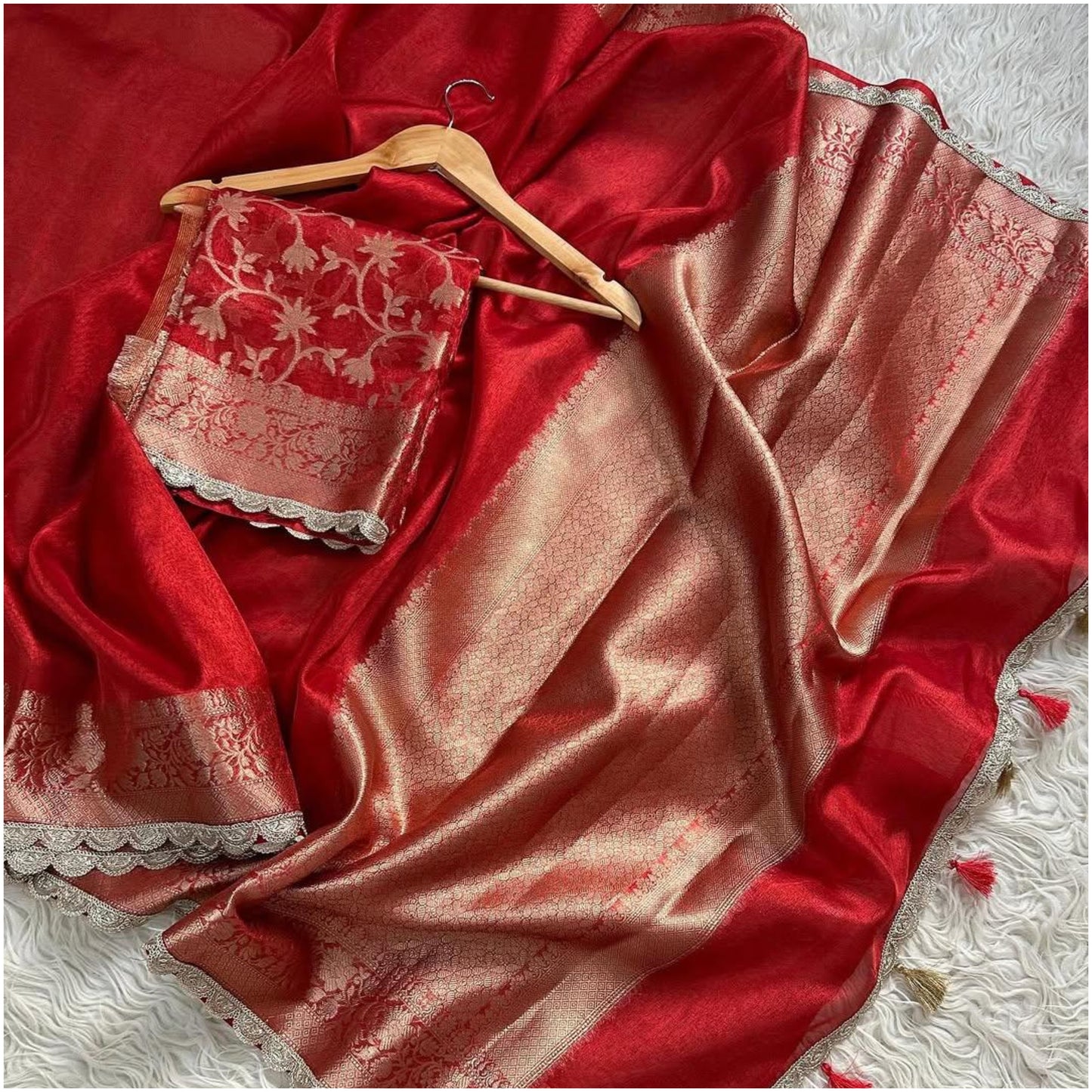 Bright Red Banarasi Tissue Katan Silk Saree