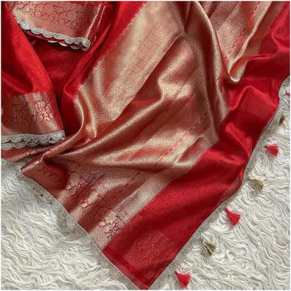 Bright Red Banarasi Tissue Katan Silk Saree