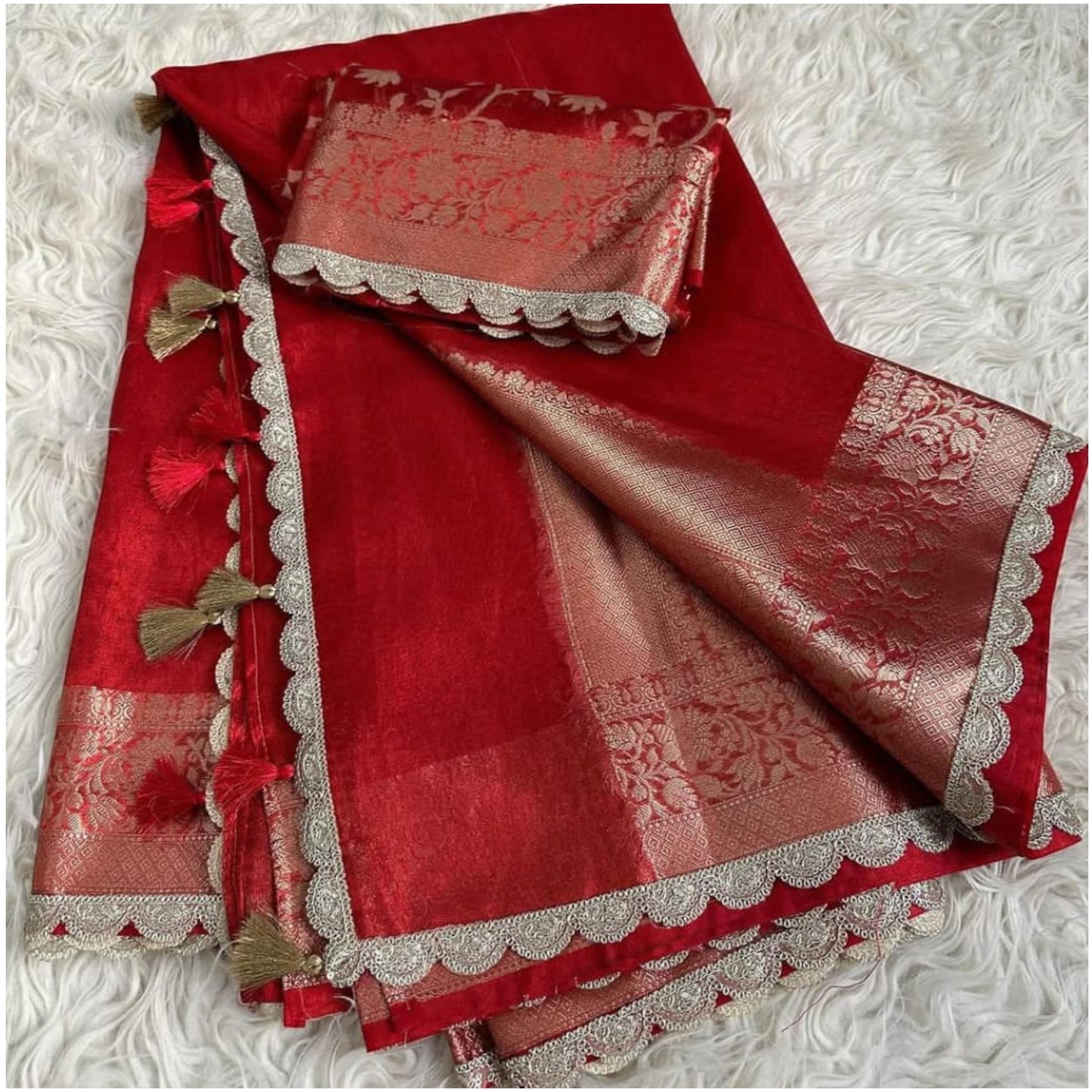 Bright Red Banarasi Tissue Katan Silk Saree