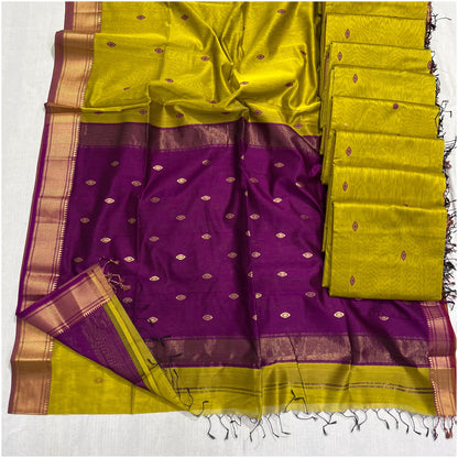 Rich Bright Green Violet Pure Handloom Maheshwari Silk
