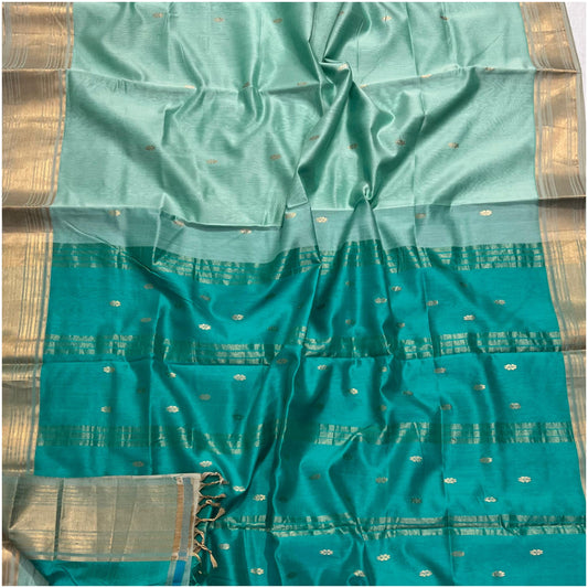 Rich Bright Teal Light Blue Pure Handloom Maheshwari Silk
