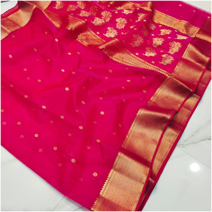 Rich Pink Pure Handloom Katan Chanderi Silk Saree
