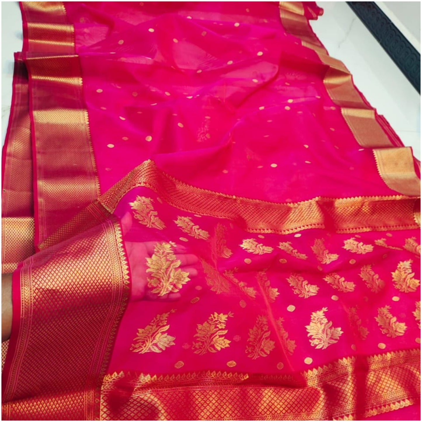 Rich Pink Pure Handloom Katan Chanderi Silk Saree